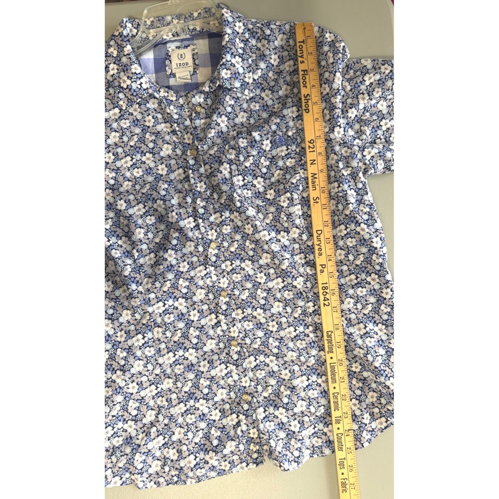 IZOD Womens Floral Button Down Shirt Blue White Long Sleeve XL Gold Rim Buttons - Picture 5 of 9